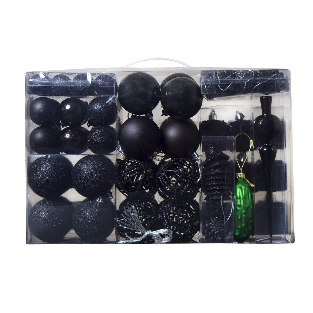 Assorted Christmas Ball Ornaments - Shatterproof - with Green Pickle and Tree Topper |Black