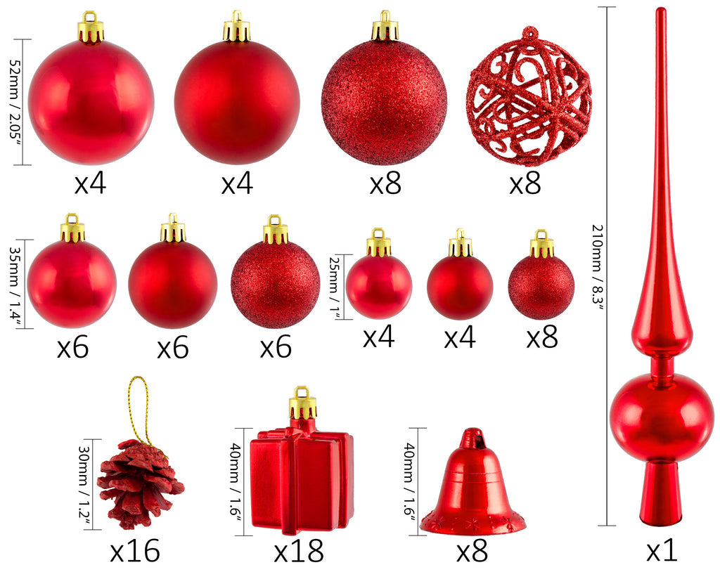Assorted Christmas Ball Ornaments - Shatterproof - with Green Pickle and Tree Topper |Red