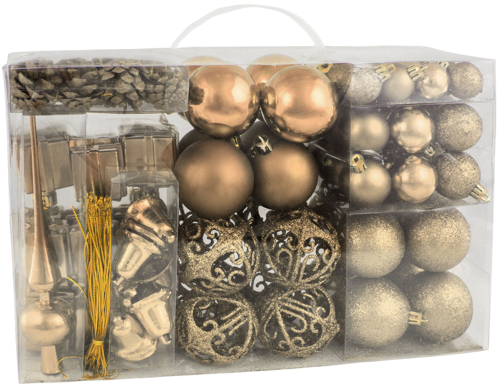 Assorted Christmas Ball Ornaments - Shatterproof - with Green Pickle and Tree Topper |Gold