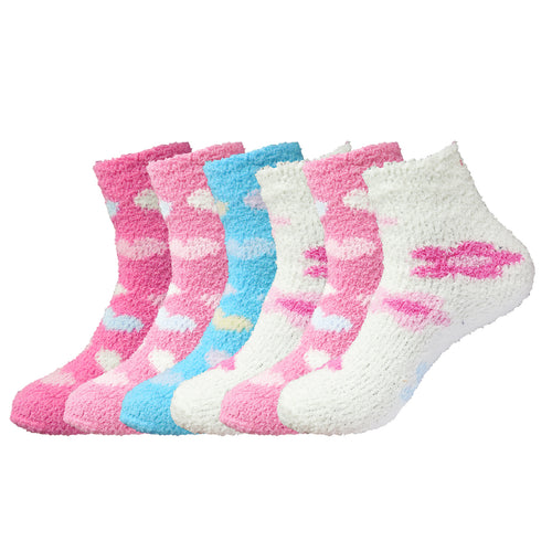 6 Pairs of Women's Bed Room Slipper Socks | Soft & Comfy Fuzzy Multicolor Patterned Winter House Socks